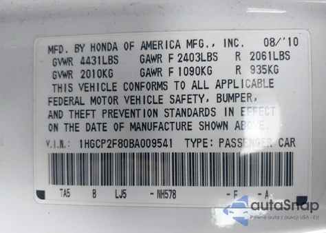 2011 Honda Accord 2.4 Ex-L z USA, uszkodzony, nr VIN 1HGCP2F80BA009541
